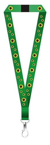 Example of what the Sunflower Lanyard looks like. It is a green neck lanyard with images of sunflowers on it